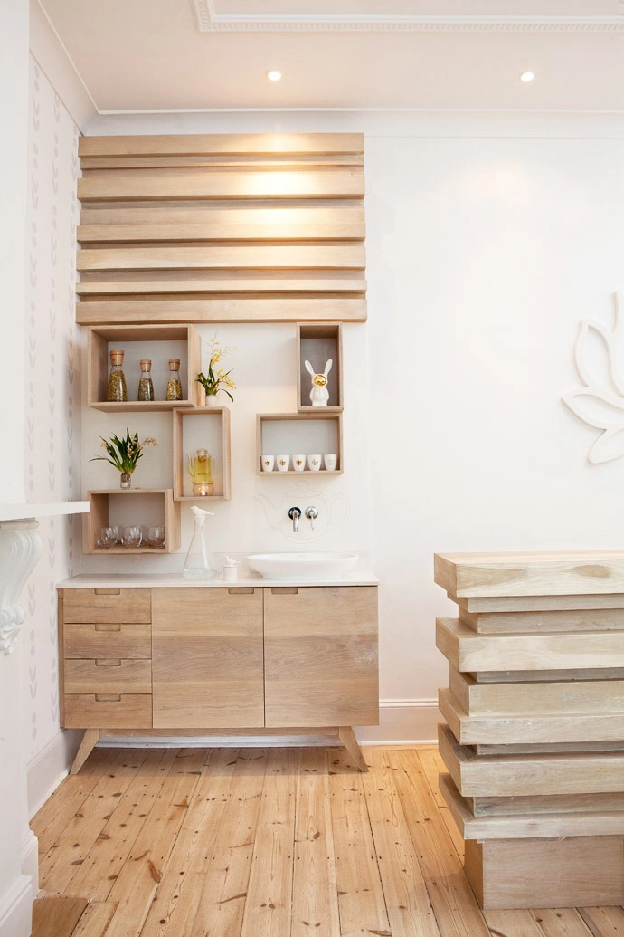 The tea station in reception. The glass teapot with burner is from The Tea Merchant and the ceramic cups by Chantel Woodman. The decanter with ceramic stop is from Weylandts.
