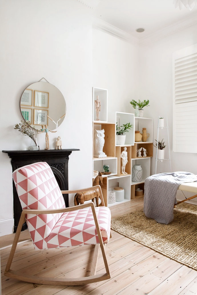 The rocking chair in the second treatment room is modelled on a 1960s original from Lulu’s home. The Victorian fireplace  and the box shelves from Pedersen and Lennard house a collection of trinkets, vases and other objects from Present Space, Loft Living, Weylandts, Stable and Arabesque.