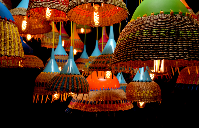 Africa-meets-China lampshades, designed by Mara Fleischer and produced by Du Noon Urban Weavers.
