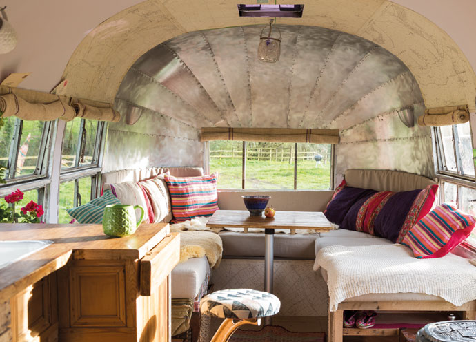 Mark loves to sit on a stool at a countertop, and he really wanted to re-create this in the Airstream, despite the limited amount of available floor space. The idea came to him to design a stool that is hinged to the kitchen counter and swings out when in use. Rather than have it in a regular shape, he designed one based on the gently sweeping curve of a wild goose’s neck to reinforce the goose talisman associated with the Airstream. The upholstered stool seat folds flat when it’s not in use.