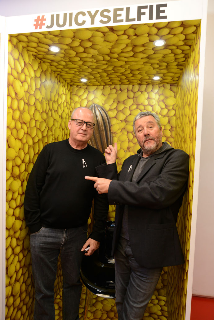 Alberto Alessi (on the left) tells the story of how Philippe Starck (on the right) gave him a dirty serviette with sketches on it of what was to become the Juicy Salif.