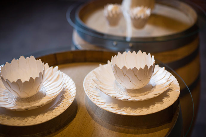 Jo Pentz, white earthenware, hand built dinner, side plate and bowl, Protea Collection