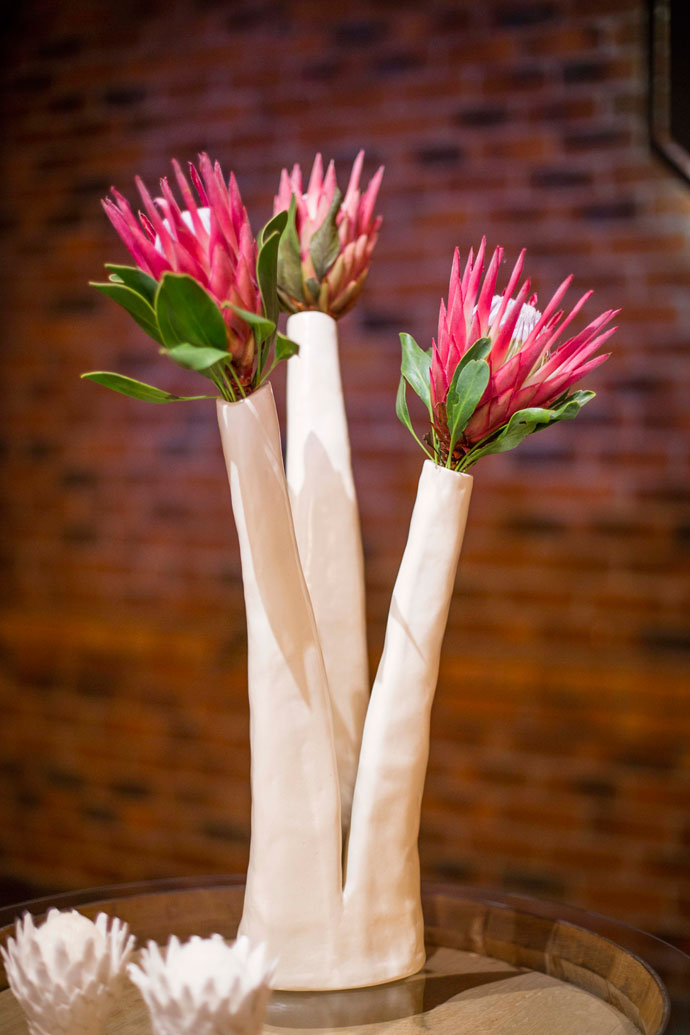 Jo Pentz, white earthenware, Protea Collection, vase, salt & pepper shakers
