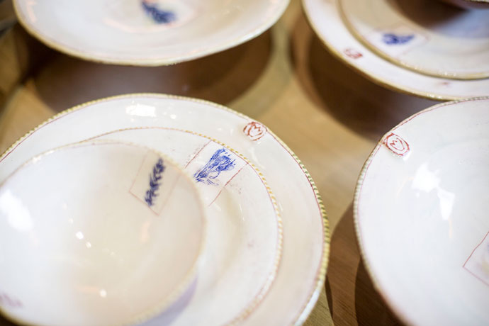 Sue van Rensburg, earthernware with printed flora, Plant plates (set of dinner & side plate, soup & small bowl)