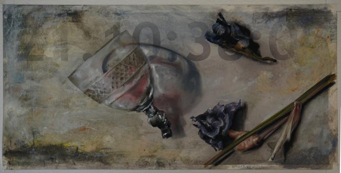 Time-coded Vanité Végétale au Verre Brisé, 30 cm x 60 cm, oil on ink-jet print, 2015.