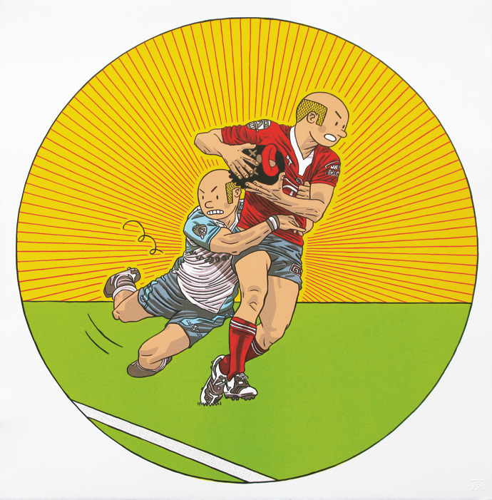 Rugby by Anton Kannemeyer, seven-colour lithograph, 45,5 cm x 48 cm, edition size 35, R5 600.