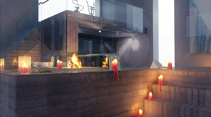 Andrew’s concept bathroom features concrete and glass, a mini waterfall and a fire pit for heating the water as it is channeled to the bath. 
