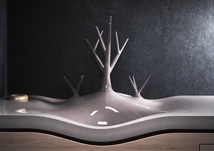 Murray used Psalm 1: 2–3 as inspiration for his Evergreen design: The basin represents a river bank, the tap a tree and the motif the bearing of fruit.  
