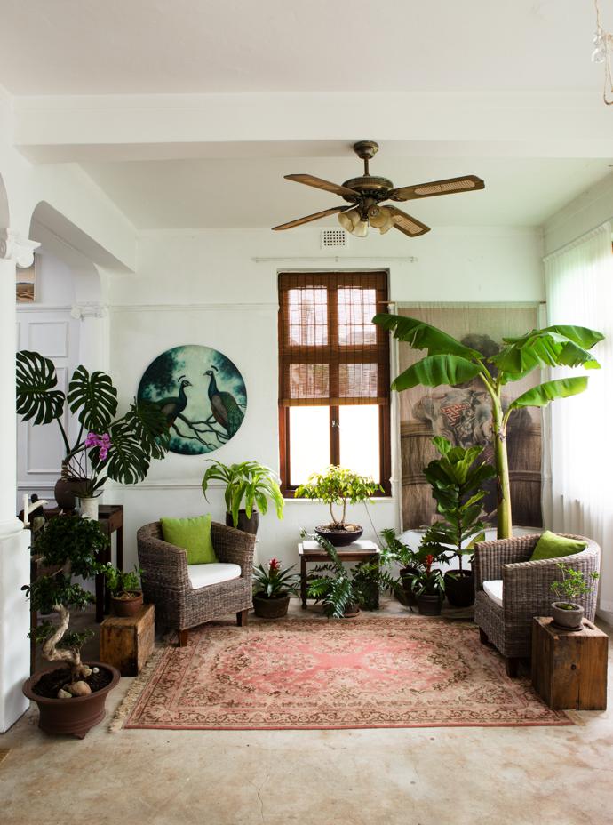 Most of the plant pots in this sunny corner of the studio are from Liebermann Pottery. The peacock painting is an oil-on-canvas work by Harem and the Japanese Tattoo wall hanging is by HOT COFFEE.