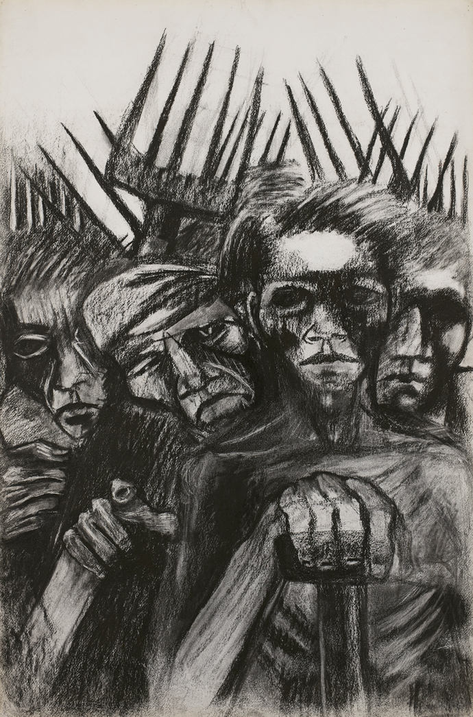 Albert Adams – Untitled (Four Figures with Pitchforks) | charcoal and chalk on paper | 101 x 68.5 cm | Image: Repro Pictures