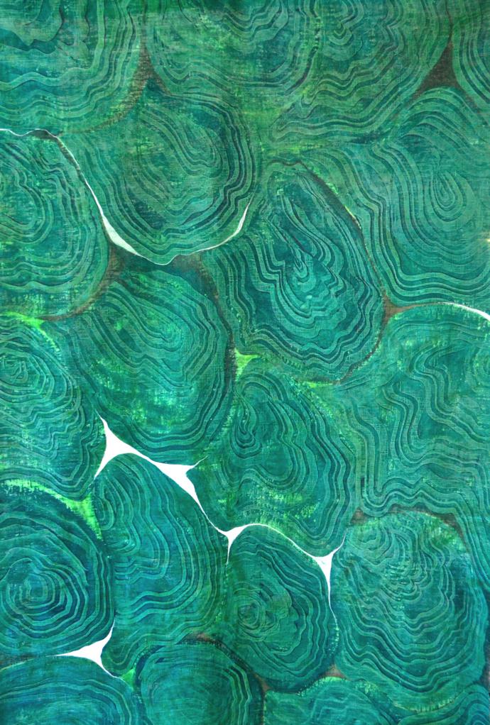 A vibrant turquoise-and-green fabric named Faux Malachite.