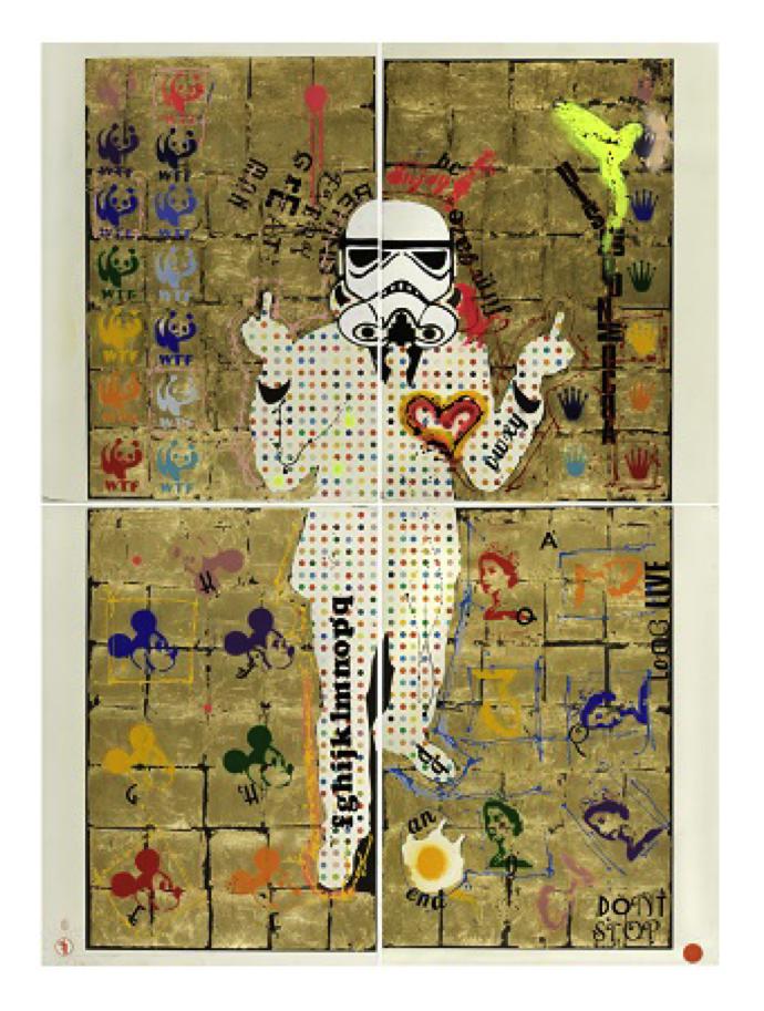 Worldart_Fringe_Trooper Bloch-Bauer_225cm X 167cm_gold leaf, spray & ink on embedded motif_ 2017_M