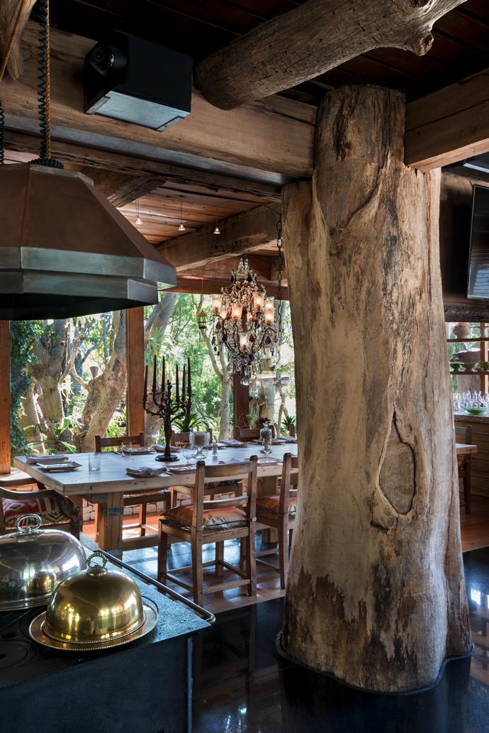 Tree trunks are used as support pillars throughout the house.