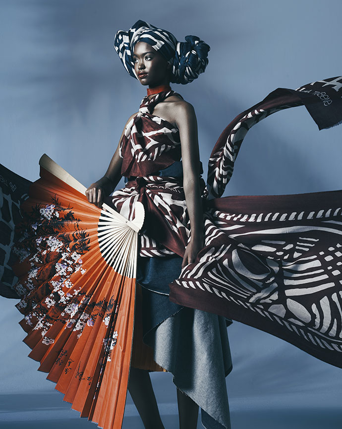 Thoughtful consumption and instinctive design practices will be a growing focus for brands and retailers choosing strategies that they feel instinctively to be right. TREBENE is an ethical local fashion brand that designs, prints and hand-weaves luxury cashmere. [TREBENE Face to Face cashmere scarf, R7 800. ]