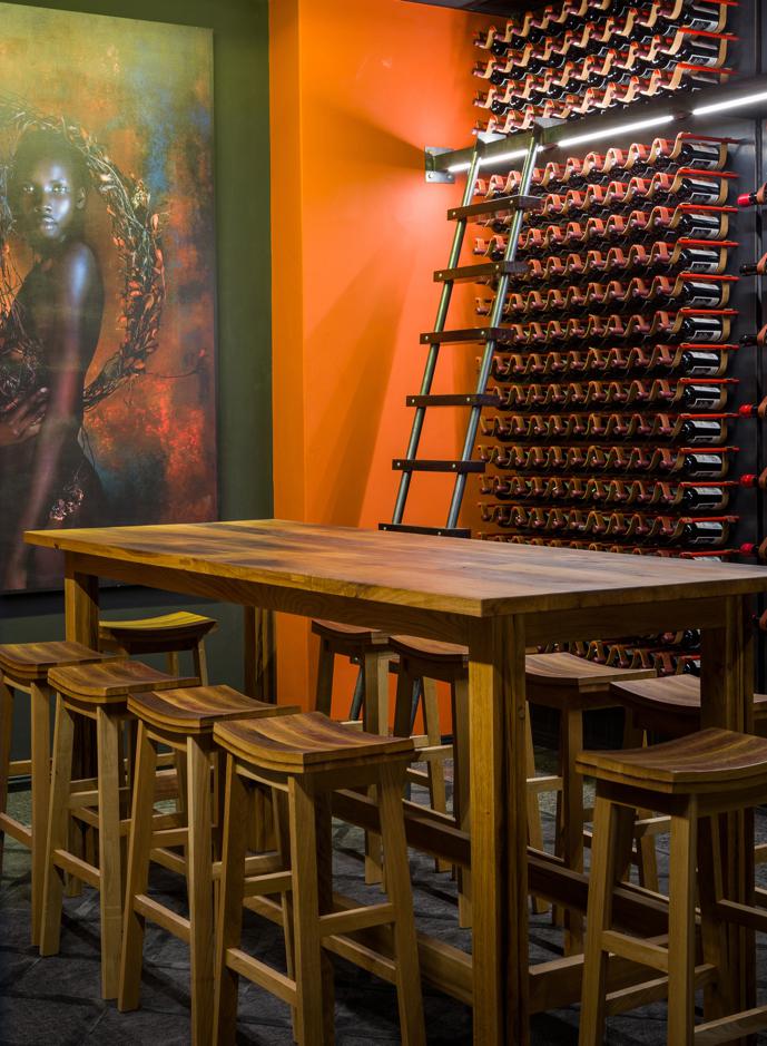 The cellar, with its horizontal leather strap storage system, is dominated by a large Krisjan Rossouw photograph, titled Patricia II. “The winemaker is a woman, and so is the co-owner,” says Haldane, “so we wanted to include a strong feminine element that honours the female entrepreneurs behind the project.”