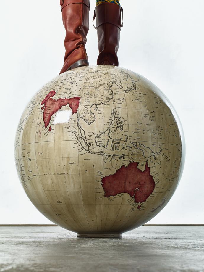 Post-Colonial Globe  Man, 2018. Fibreglass  sculpture, hand-painted  with Batik pattern.