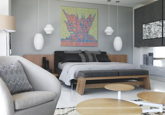 In the master suite, a painting by Conrad Botes brings brightness the room framed by George Nelson Bubble lamps. 