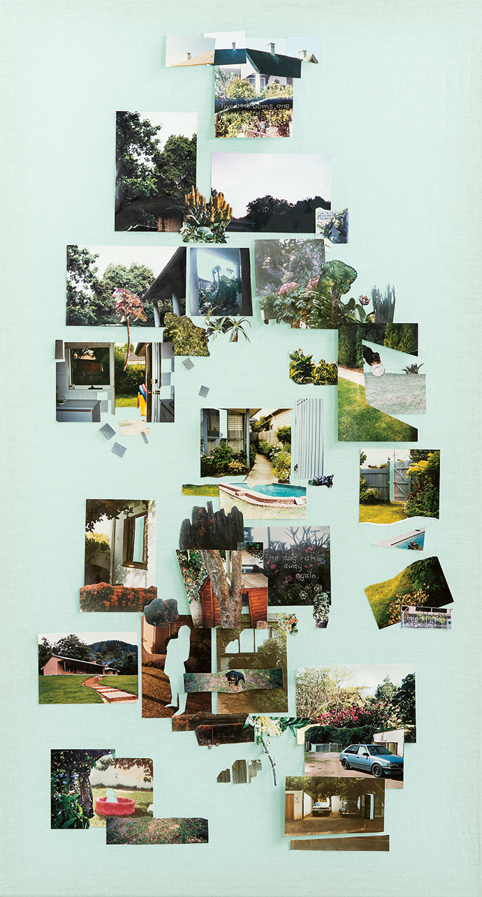 House and Garden, 2019. Photomontage and gold thread on linen, 115 x 64 cm.