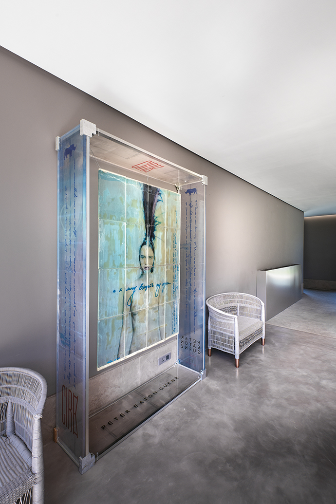 A Perspex photo installation by Los Angeles artist Peter Eaton Gurnz adds interest to the otherwise minimalist interior.