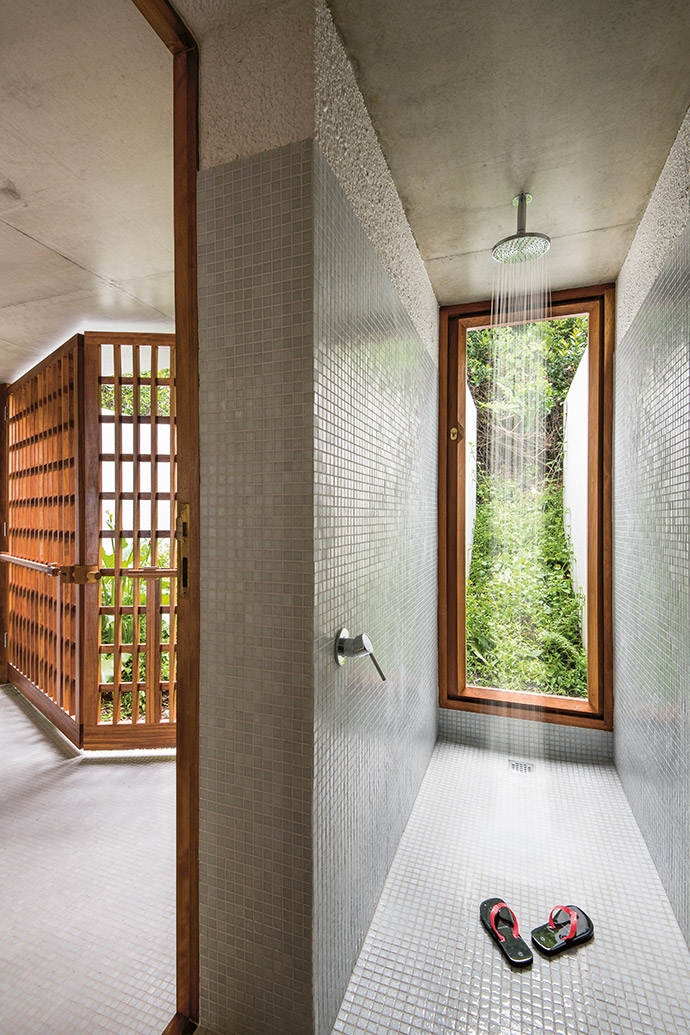 Finished in mosaic tile and rough-textured plaster, the light-filled shower becomes part of the serene milkwood forest outside.