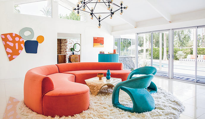 Surreal silhouettes, hypnotic patterns and abstract colours balance playful tendencies with a dream-like sensibility at Marrow Midcentury, a home in Rancho Mirage, California by Bells + Whistles interior design studio.