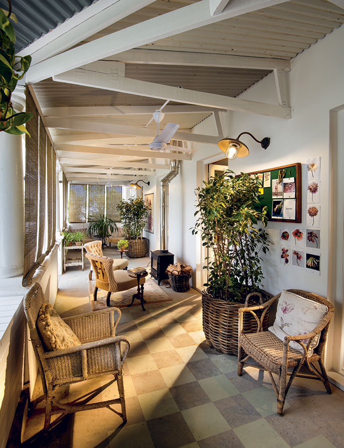 The Palm House veranda, with one of several outdoor fireplaces.