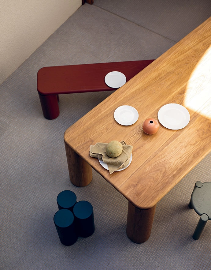 Martin rates the solid oak Avondmaal dining table as his favourite design to date. Pictured here alongside the cheeky Apostel bench, which mimics the table’s grand detailing, the 12-seater is all about strong, graceful curves. 