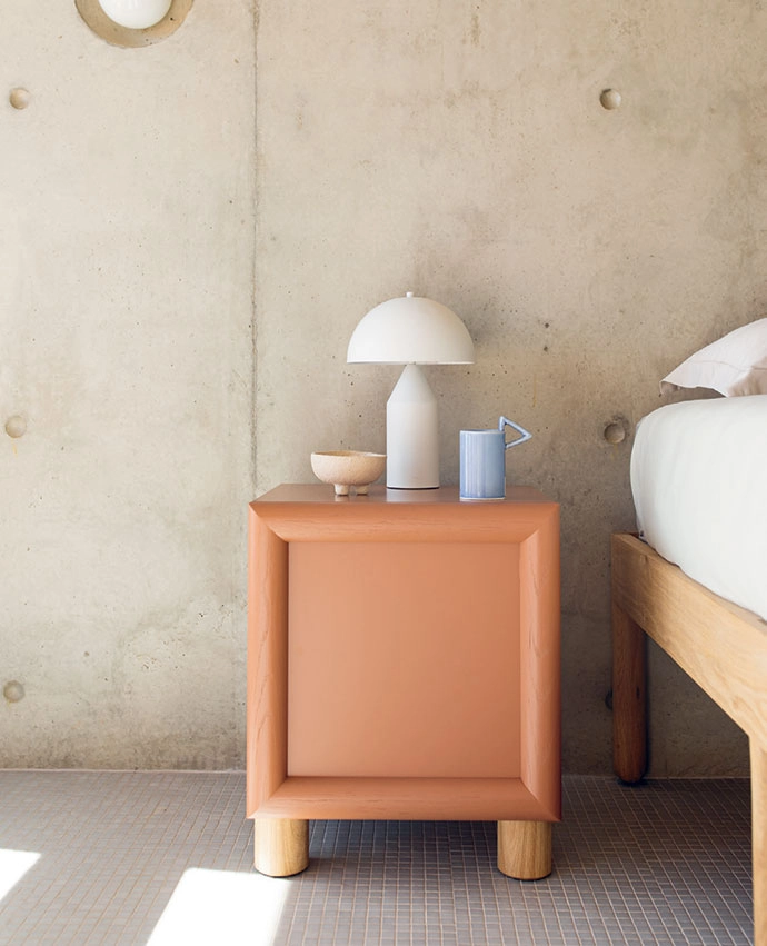 The playful Roly-Poly bedside table in Salty Salmon. 
