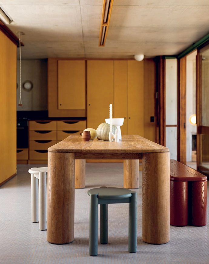 Martin rates the solid oak Avondmaal dining table as his favourite design to date. Pictured here alongside the cheeky Apostel bench, which mimics the table’s grand detailing, the 12-seater is all about strong, graceful curves. 