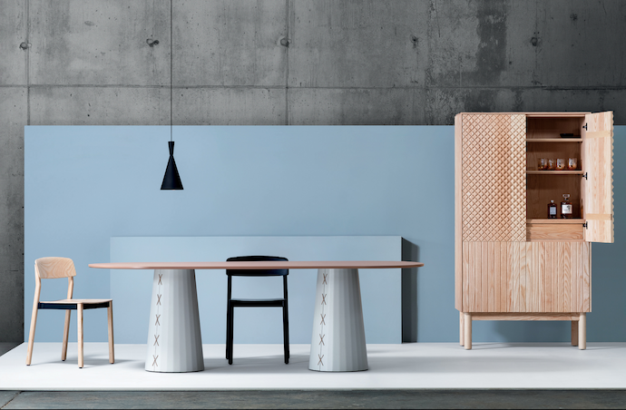 Kino’s Stitch table with its eponymous detail that emphasises the joint line detail instead of trying to hide it, and the Heildronk Kas with its unique carving pattern.