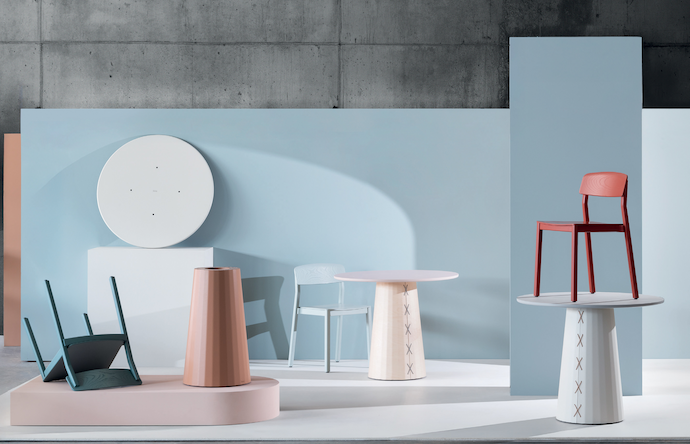 Various colourways of the linoleum-topped Stitch table, along with Kino’s stackable dining chair.