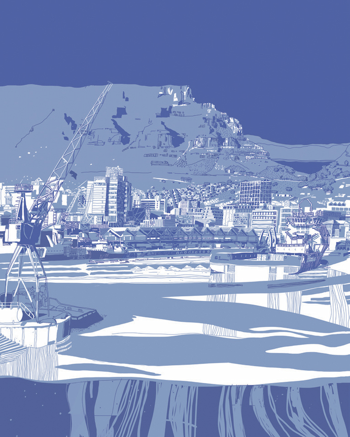 Michael Beckurts’s Harbour Refl ection in Blue (2024) for Marble Cape Town.