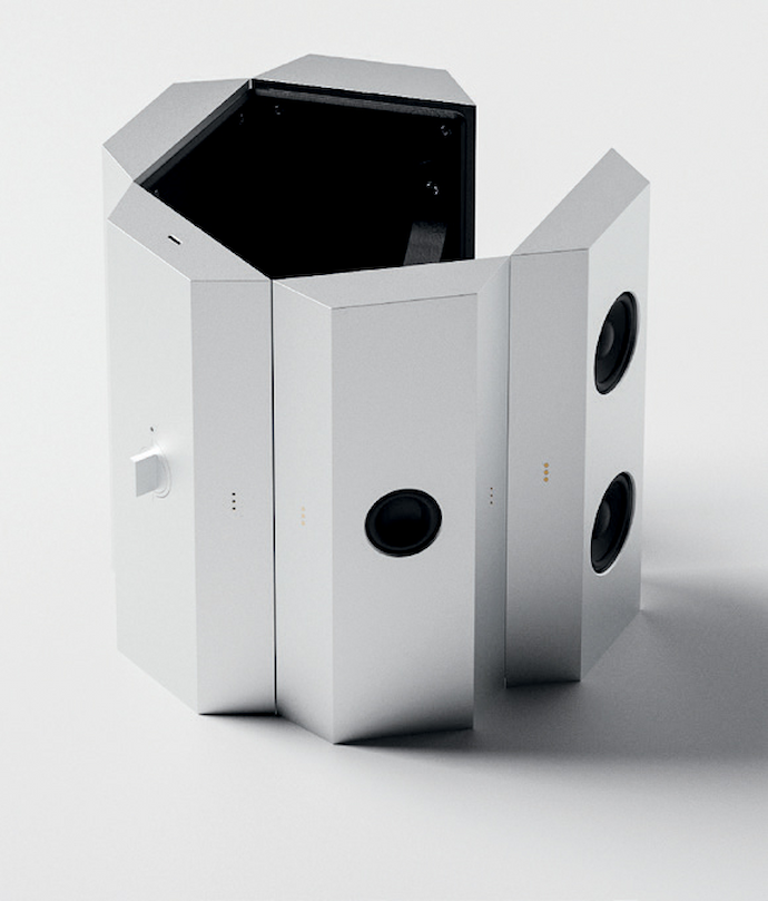 The prototype Pentatonic speaker by industrial design studio All Design Lab is folding tech in possibly 
one of its best expressions. Made from five aluminium panels, it opens up into a variety of shapes, so you can change how it looks and how it projects sound, depending on your space. Fold it up, and it snaps into a neat pentagon – easy to carry, and built to last. It’s a speaker that adjusts itself to the way you live your life. 