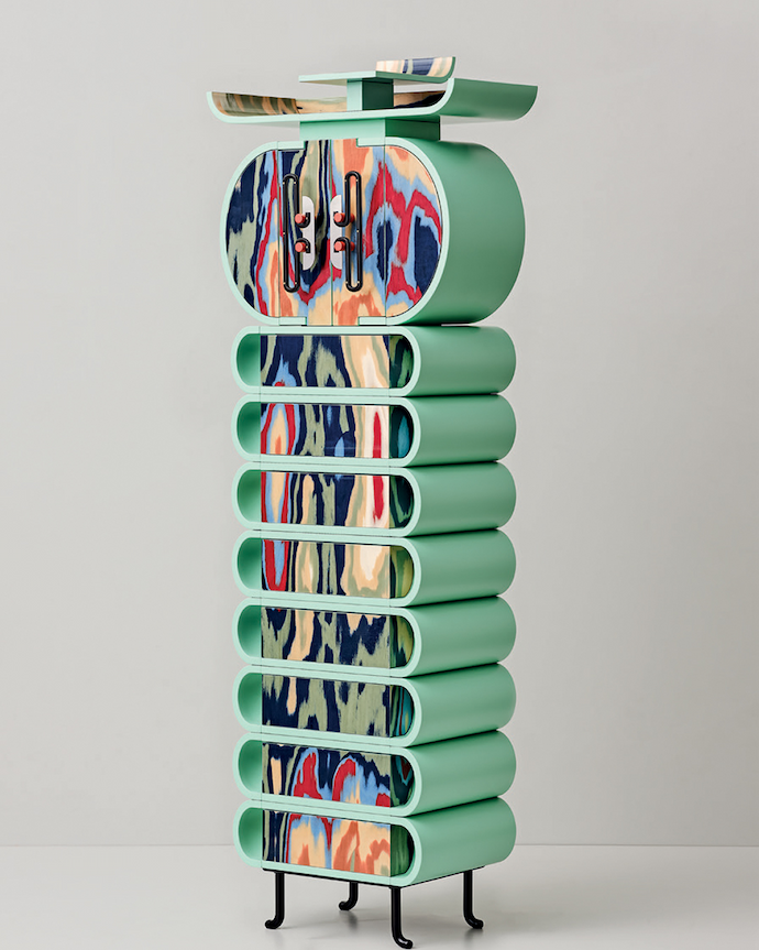 Inspired by Meisen kimonos, Bethan Laura Wood’s Meisen Caterpillar cabinet (2022) calls to mind Alice’s Adventures in Wonderland by Lewis Carroll.