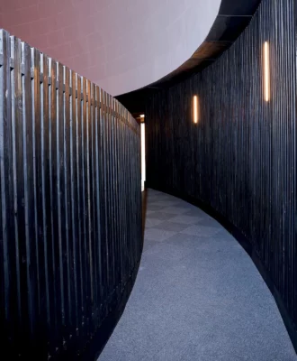 The way into the auditorium features dark wood acoustic panelling. Architect Kate Otten points out that it was stained dark so that it wouldn’t reflect light during projections.