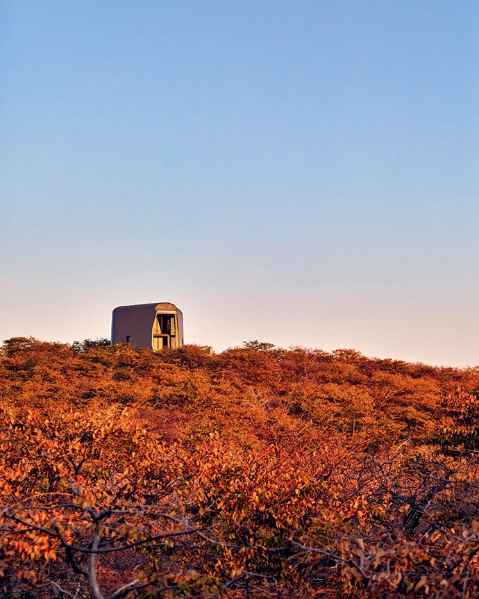 The structure rises above the low mopane tree forest.