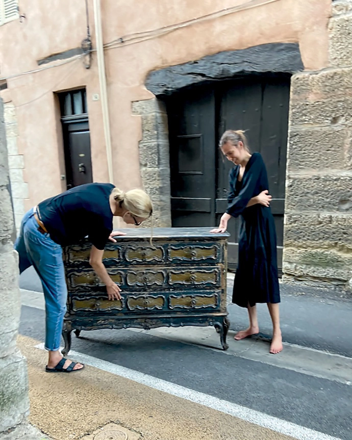 Charlotte and daughter Willow with an Italian commode c.1890.