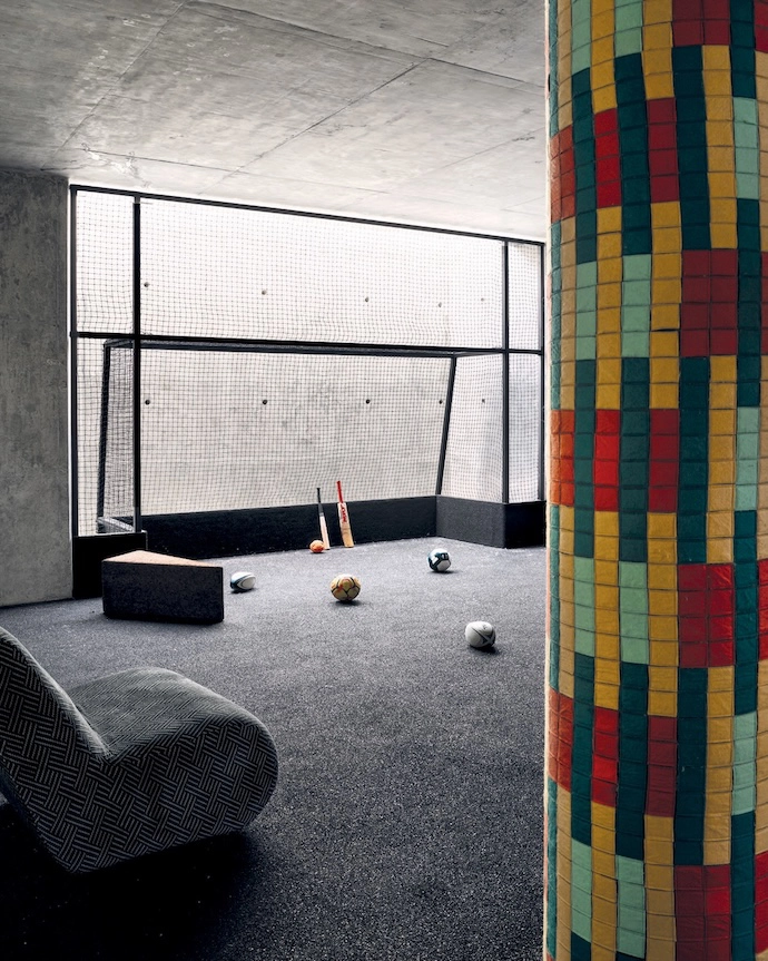 The basement ball-play area doubles as a disco for birthday parties.