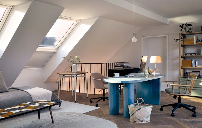 Nell’s office is a light-filled, playful space with a desk – her own design – made up by Timeless Timbers and a bookcase wall unit by Deft Studios.