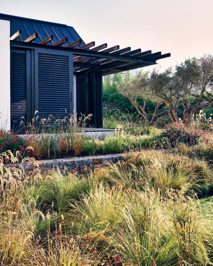 Designed in the style of a Cape langhuis, the home is a modern farmhouse. Two barns laid out over three levels are connected by courtyards and a rooftop terrace. By placing the house on the lowest contours of the site, architect Arn Erasmus ensured that the building feels grounded and that, with time, the landscaping will ground it further. In the courtyard that connects the entrance hall to the living area, a life-sized bronze-cast sculpture of a shepherd tree by artist Nic Bladen is a serious wow factor.