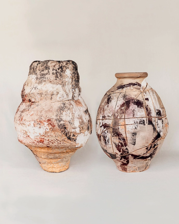 Two multicoloured glazed sculptures from his new collection: Crust Rock (left) and Fissure Stone.