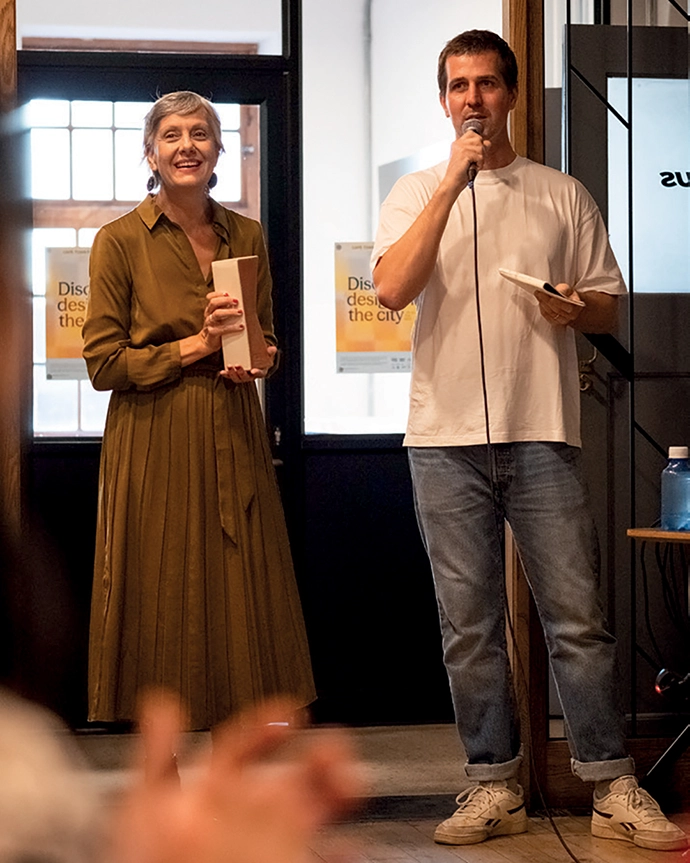 Scenes from the CTFW x VISI Design Prize awards as co-founder Gareth Pearson with Babylonstoren’s head of brand Retha Erichsen present the CTFW x VISI Best Display award to Weylandts.