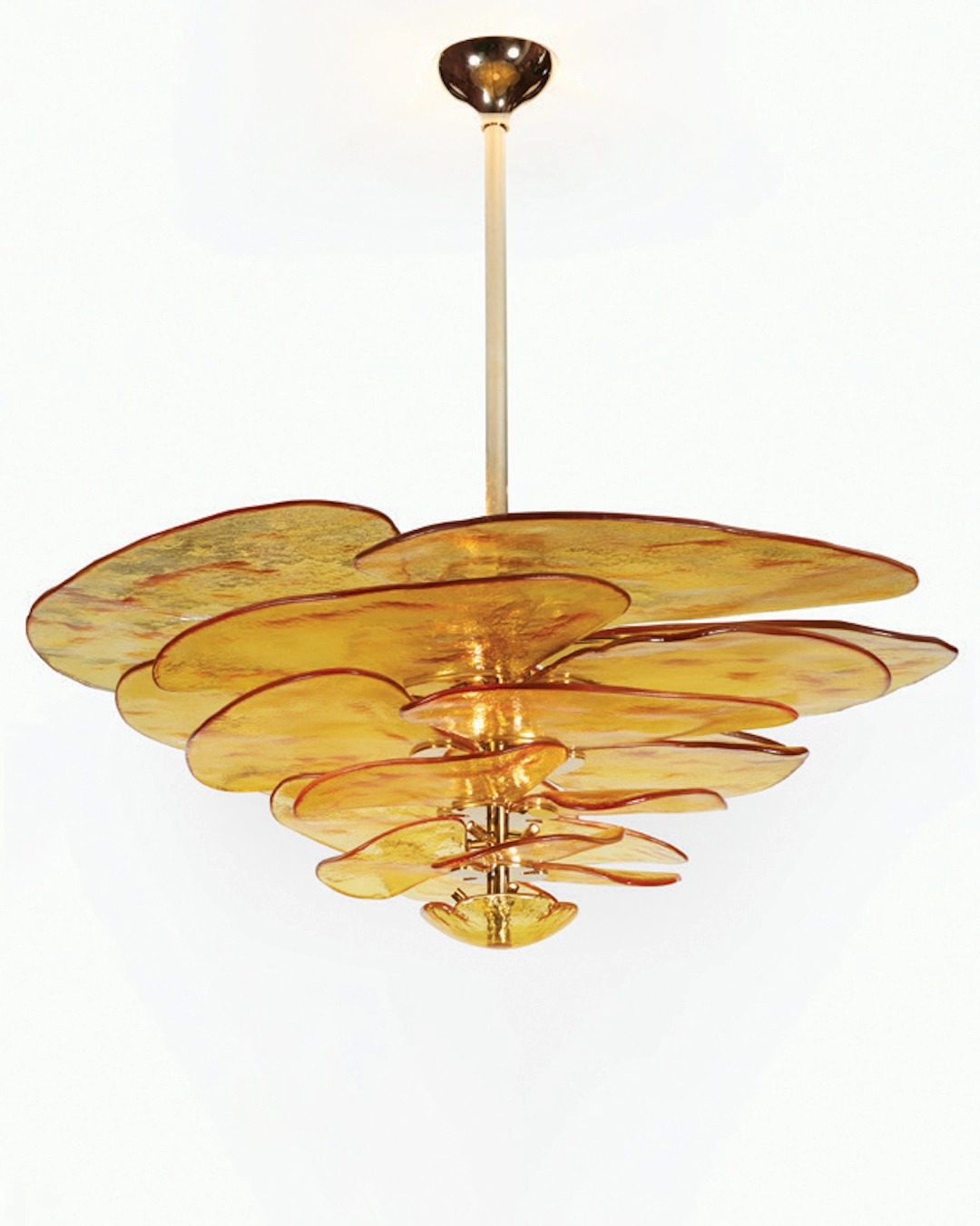 The Lilypad chandelier (in Amber) is composed of individually illuminated, hand-moulded glass petals.
