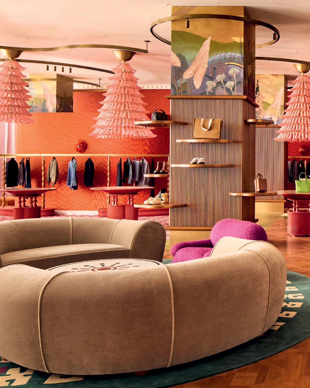 Le Salon at Printemps is defined by organic forms and pink floral pendants.
