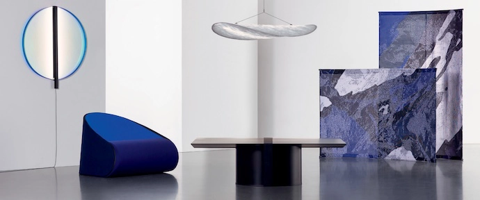 Tense flat-pack essentials include a table,
a chair, a pendant light, a wall light and screens.