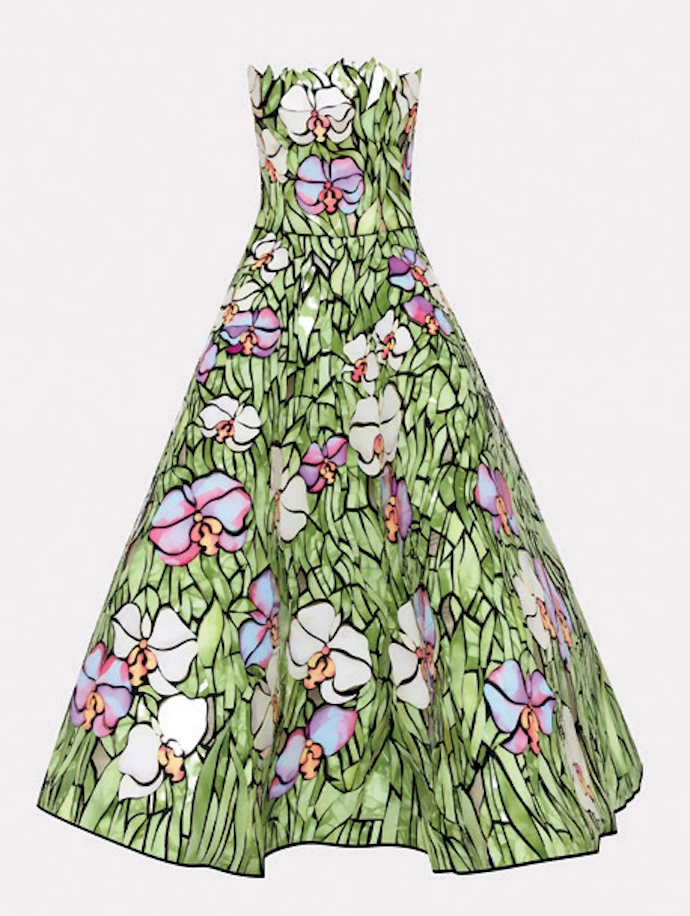 Oscar de la Renta reimagines stained-glass mosaics as “shattered-glass” gowns.