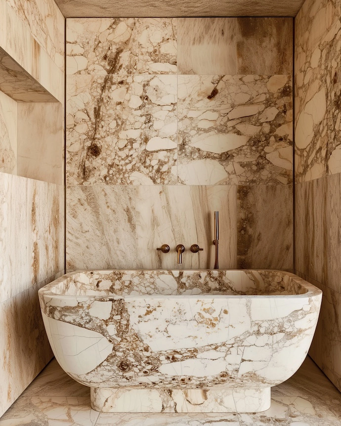 In this striking marble bathroom, interior designer Ryan Saghian drives home the cocooning and luxurious drama that using a single material can bring. Natural-stone specialists, including WOMAG, can offer invaluable advice when considering a stone bathtub.