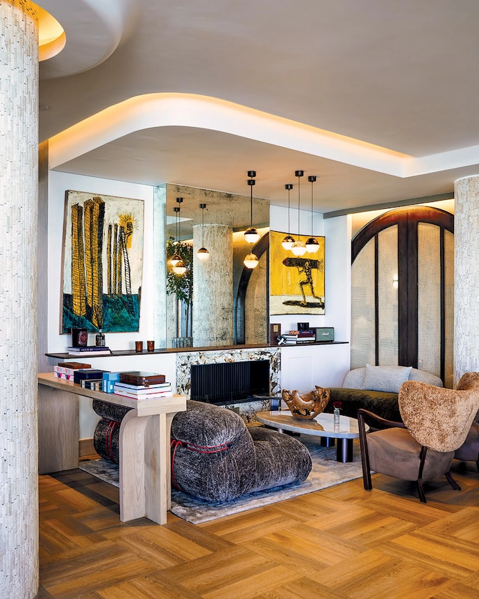 Script lobby bar at The Cole with bespoke furniture designed by InHouse Design Studio and made by Hermon Brink, flooring by Floer and paintings by Boytchie.
