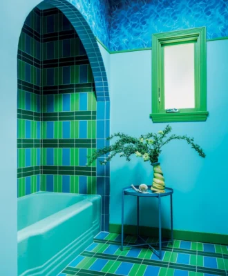 Los Angeles homes of the 1930s and ’40s were the inspiration behind Leah Ring’s daring guest bathroom (above). Sanitaryware and fixtures in vintage colours are a growing trend, so she’s housed a reclaimed tub in a retro niche – but it’s her inclusion of “underwater” wallpaper that makes the look entirely contemporary. Consult Cara Saven Wall Design for waterproof wallpapers.