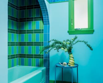 Los Angeles homes of the 1930s and ’40s were the inspiration behind Leah Ring’s daring guest bathroom (above). Sanitaryware and fixtures in vintage colours are a growing trend, so she’s housed a reclaimed tub in a retro niche – but it’s her inclusion of “underwater” wallpaper that makes the look entirely contemporary. Consult Cara Saven Wall Design for waterproof wallpapers.
